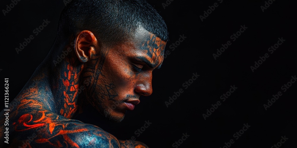 Poster intricate ink patterns and striking expressions captured in a moment of introspection in a dimly lit