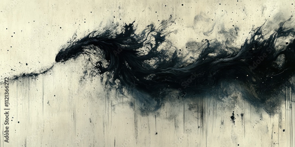 Poster dynamic flow of black ink creating an abstract wave on a textured beige canvas