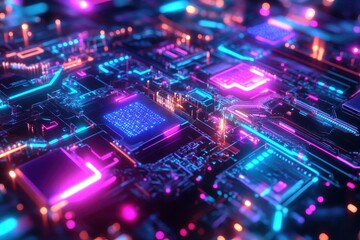 Fototapeta premium Futuristic neon circuit board with glowing hologram elements