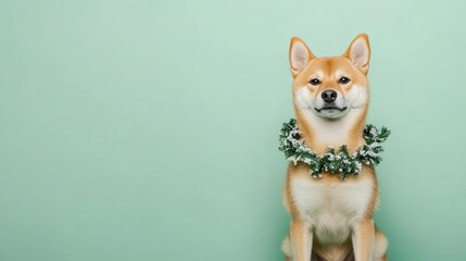 Obraz premium Festive Shiba Inu Dog Wearing a Christmas Wreath
