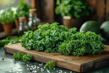 Fresh Kale on Wooden Cutting Board with Green Background