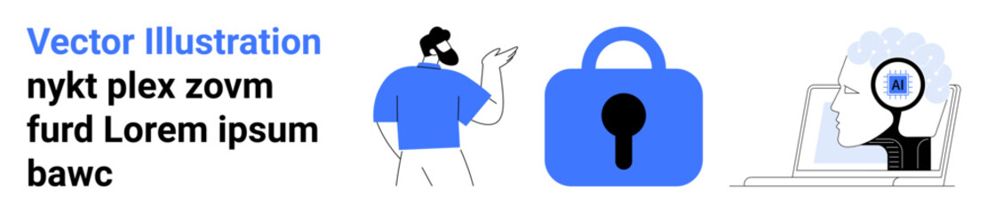 Person pointing to a large lock symbol head analyzing with magnifying glass and cog in tech context. Ideal for cybersecurity, data protection, user privacy, secure access, technology education