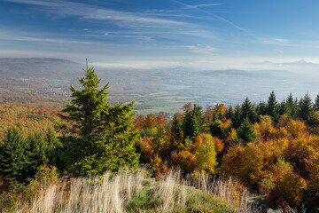 View to Bohemia over the mountain range of the Ore Mountains in Czech Republic in autumn