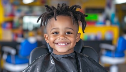 A cheerful boy sits in a barber chair, enjoying his haircut in a vibrant barbershop