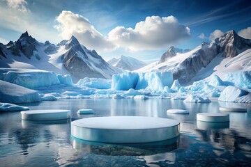 empty blue ice podium on ice cave background with fog for product presentation