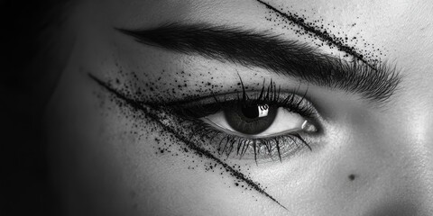 Obraz premium Expressive close-up of an eye showcasing striking makeup artistry and bold design
