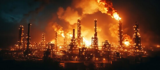 Fototapeta premium A night view of a refinery with flames and smoke in the air.