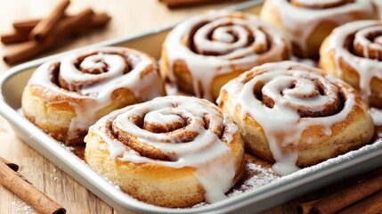 Fototapeta premium Delicious cinnamon rolls topped with icing