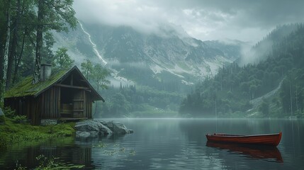 Obraz premium House near a lake in the mountains on a foggy morning.