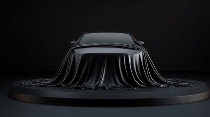 Mysterious black car covered by cloth on dark background.