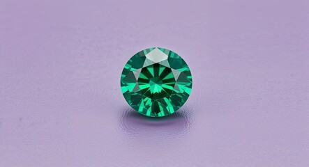 Fototapeta premium Round emerald bright green radiance polished shine on a light lavender background