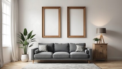 Mockup frame in scandinavian interior with blue sofa and pillows. 3d illustration.