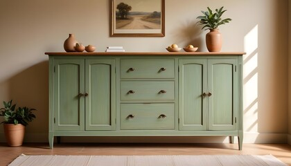 Wood sideboard in green living room with copy space