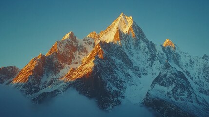 Majestic snow-capped mountain peak at sunrise, bathed in golden sunlight above a sea of clouds.