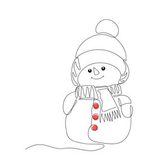 Cute Christmas snowman in one line drawing style. Vector minimalist illustration.