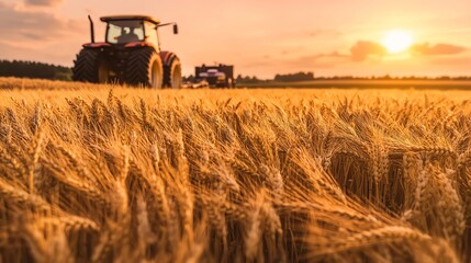 Fototapeta premium Golden wheat field under a sunset sky.