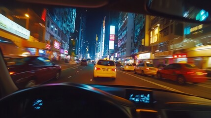 A view from inside a car driving through a city at night.