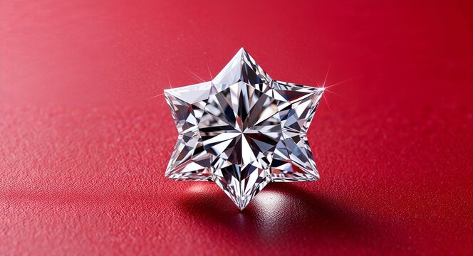 Star shaped diamond gleaming edges bright shine on a vibrant red background