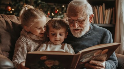 Grandparents reading Christmas stories to kids, Merry Christmas text overlay
