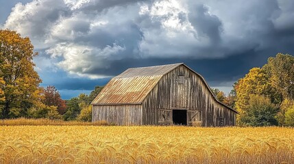 Obraz premium Rustic barn in autumn wheat field under dark storm clouds