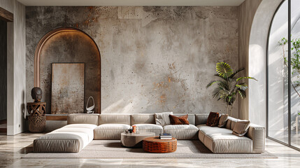 Minimalist living space with a coffee table geometric rug and sleek sofa neutral tones natural light digital painting