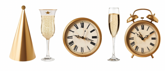 New Year's Eve celebration with champagne flutes, party hat, and clocks.