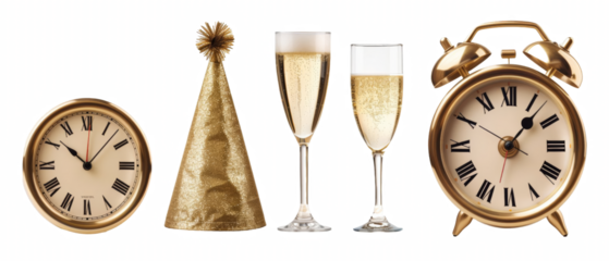 New Year's Eve celebration with champagne flutes, party hat, and clocks.