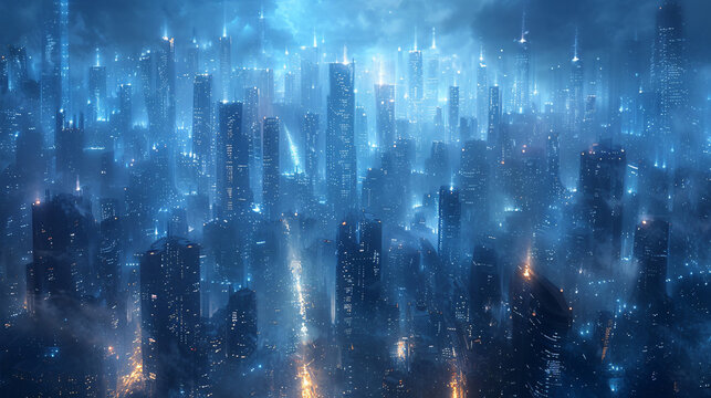 Futuristic city, view from the top in neon lighting. Dark night time.