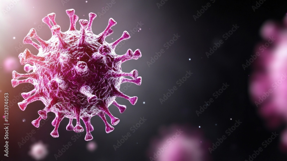 Poster close-up rendering of a virus, illustrating its structure and features.