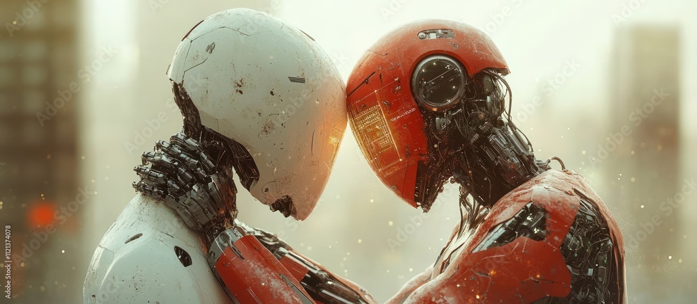 Aufkleber Two robots with futuristic design embrace each other in a futuristic setting with a blurred city in the background.