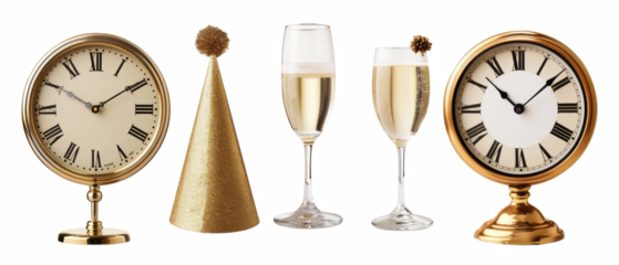 New Year's Eve celebration with clocks, champagne flutes, and party hat.