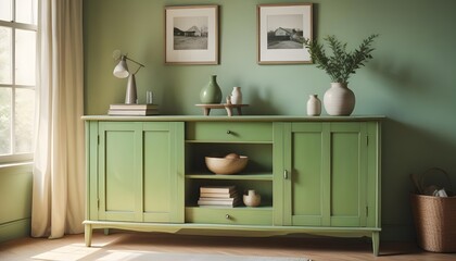 Wood sideboard in green living room with copy space