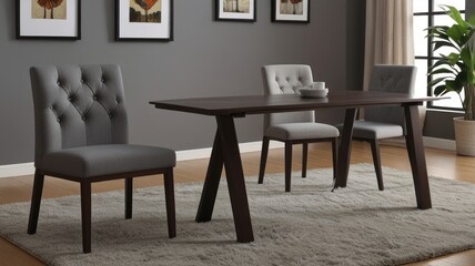 Modern dining set with gray upholstered chairs and dark wood table.