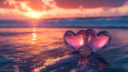 Fototapeta premium Romantic Sunset Scene with Two Heart-Shaped Glass Stones on the Beach at Dusk