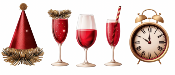 New Year's Eve celebration with party hat, champagne flutes, cocktail, and clock showing midnight.