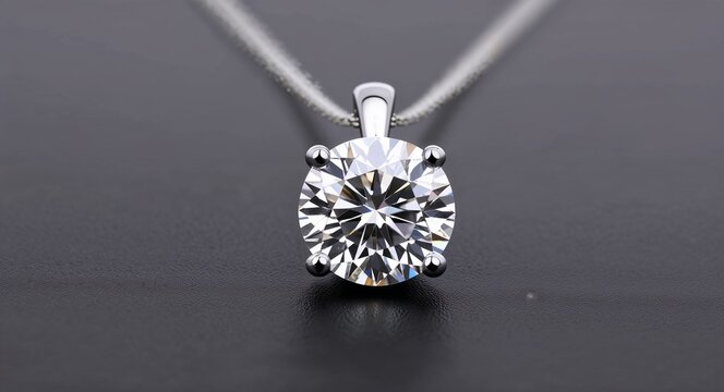 A diamond solitaire pendant its brilliance amplified on a plain black background