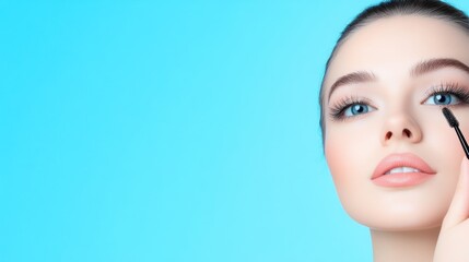 Fototapeta premium Woman applying mascara against a blue background.