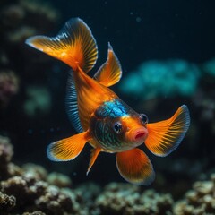 Fototapeta premium A bright orange guppy with iridescent tail fins.