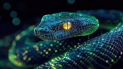 Glowing neon snake, digital art, close-up.