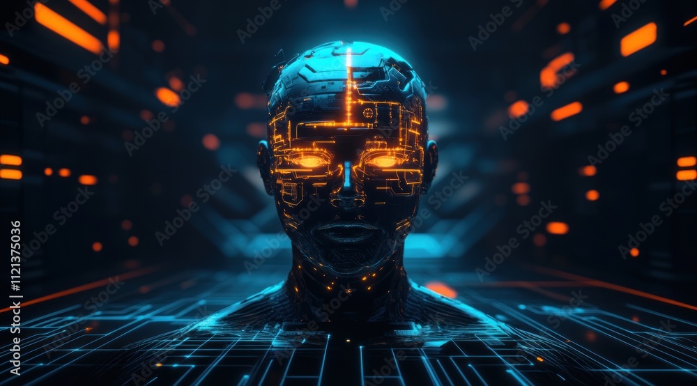 Poster futuristic robotic head with glowing circuits in a dark digital environment.