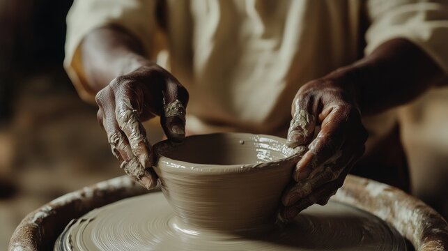 Hands skillfully mold clay on a potter’s wheel, capturing the essence of craftsmanship and the intimate connection between creator and creation.
