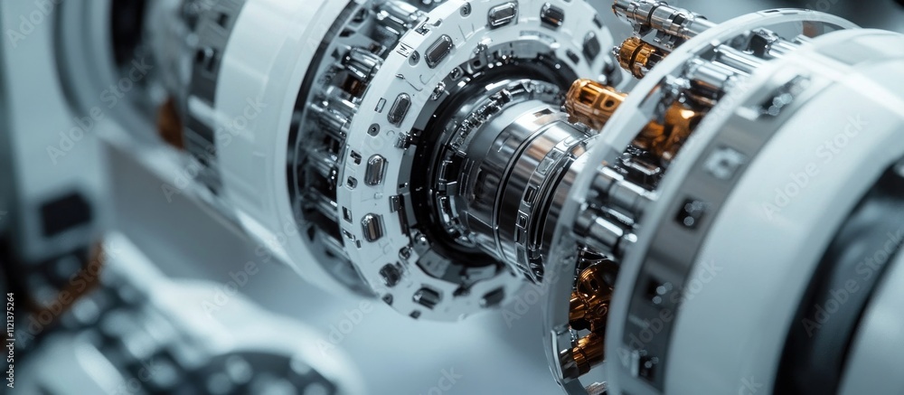 Poster close-up of complex metal gears and cogs interlocked in a machine.