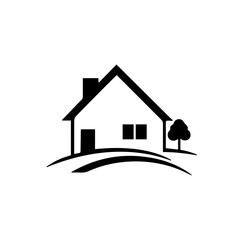 A beautiful house icon on the hill silhouette on white background