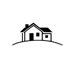 A beautiful house icon on high land silhouette on white background