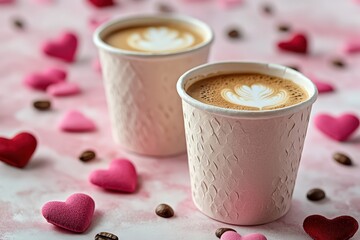 Two coffee cups with heart decorations