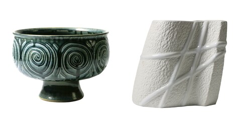 Artistic ceramic bowl and modern sculpture still life close-up