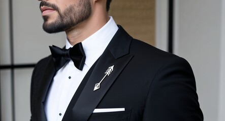 A minimalist arrow pin in matte black complementing his modern tuxedo