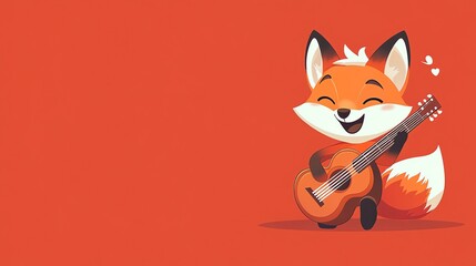 Obraz premium A cartoon fox plays a guitar with a happy expression.
