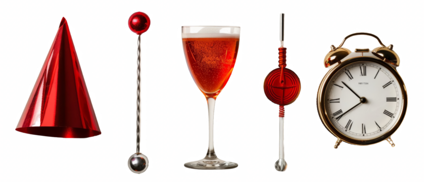 Party hat, stirrers, wine glass, flask, alarm clock.