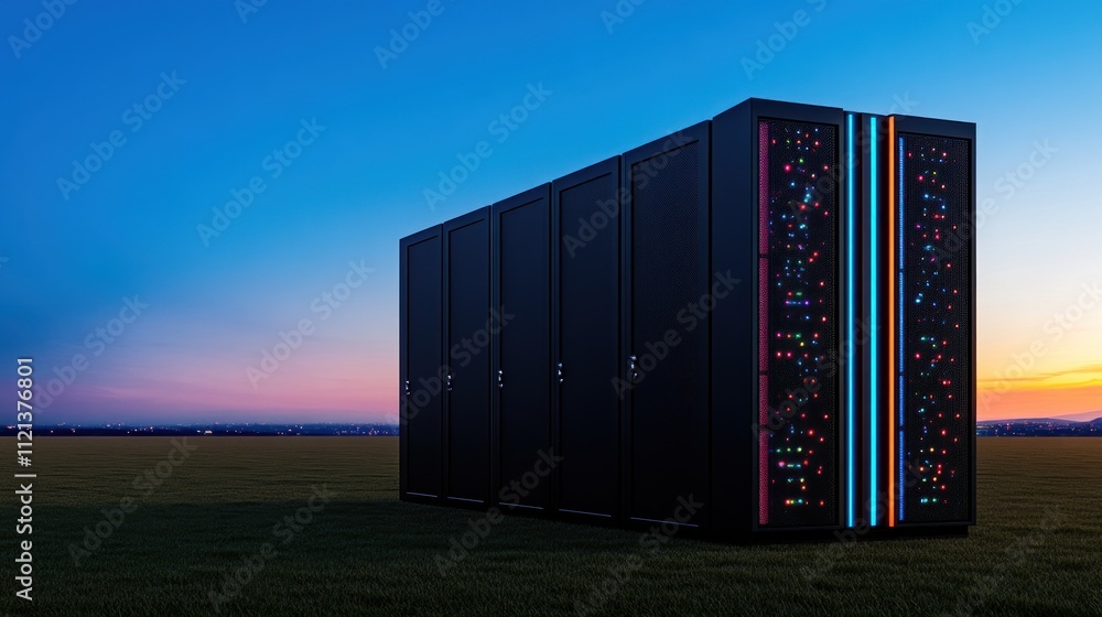 Poster a futuristic data center against a twilight sky.